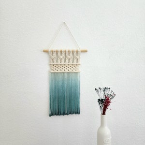 Ombre handmade Teal Macrame wall hanging, Bohemian Wall decor, Dip dyed wall tapestry, Beautiful natural cotton art piece with wooden dowel