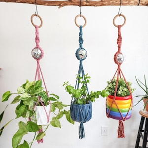 Disco Ball Plant Hanger, Handmade Macrame Plant holder,  Retro home decor, Gifts for Plant moms