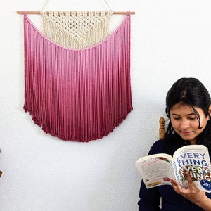 Handmade Macrame wall hanging in Magenta Pink, Bohemian home Decor, Handwoven and Dip-Dyed Tapestry, Chic Ombre Natural Cotton Art Piece