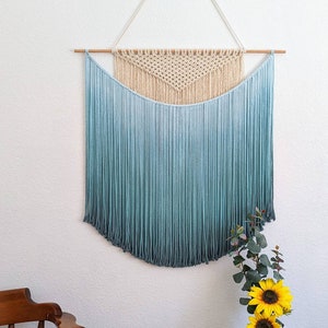 Handmade Macrame wall hanging in Ombre Teal Color, Bohemian home Decor, Handwoven and Dip-Dyed Tapestry, Chic Ombre Natural Cotton Art Piece