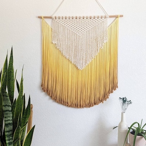Handmade Macrame wall hanging in Sunshine Yellow, Bohemian home Decor, Handwoven and Dip-Dyed Tapestry, Chic Ombre Natural Cotton Art Piece