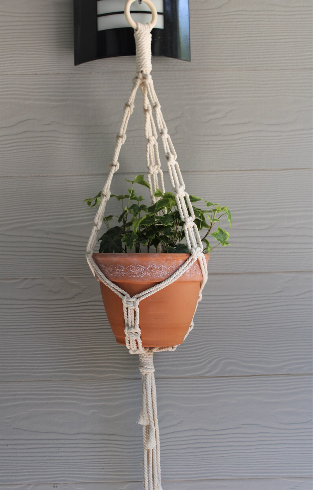 Macrame Chain Plant Hanger With Wooden Ring, Handmade Using Recycled