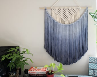 Handmade Macrame wall hanging in Ombre Royal Blue, Bohemian home Decor, Handwoven and Dip-Dyed Tapestry, Chic Ombre Natural Cotton Art Piece