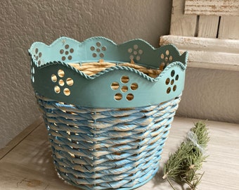 Vintage Wicker Basket, Green Wire Mesh Bottom and Metal Rim, for Plants, Unique Farmhouse Decor, Turquoise Painted and Natural Woven Wicker