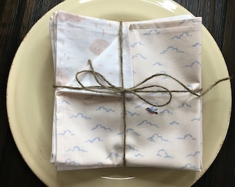 Cotton Napkins, Set of 6, Birds, Clouds, 2-sided, 2-ply, Reversible, 13" Square, White, Blush, Lunchbox, Reusable Cloth, Pink, White, Blue