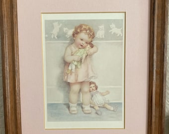 Little Girl Print, Matted Print, 8" x 10", Child Wall Decoration, Vintage Art Print, Baby Girl, Circa 1985, Pink Nursery Art, Bessie Gutmann