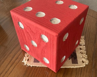 Big Dice, Giant Jumbo Size Rustic Wood, Hand Painted Red, Whitewash Dots, 5 1/2" Square, Game Lover Gift, Country Chic Style Decor for Shelf