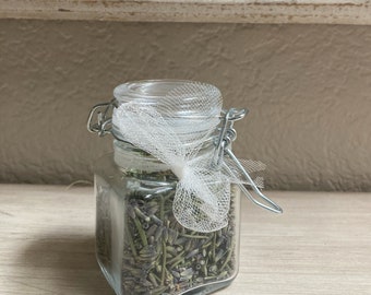 Dried Rosemary, Lavender, Small Glass Jar, Tied with Tulle Bow, Apothecary Herbs, Farmhouse Decor, Potpourri, Scented Gift, Love Symbol