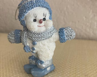 Vintage Resin Snowman Ornament, Blue Hat and Mittens, Silver Accents
