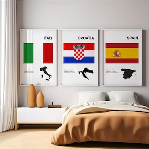 Könnte beinhalten: Drei gerahmte Wandbilder mit den Flaggen und schwarzen Silhouetten von Italien, Kroatien und Spanien. Jeder Druck enthält den Ländernamen, die Hauptstadt, die Einwohnerzahl und die Landessprache in schwarzem Text auf weißem Grund.