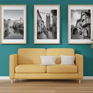 Set of 3 Warwick prints, DIGITAL DOWNLOAD, Black & white UK city posters, Printable wall art, Lord Leycester Hospital, Warwick castle