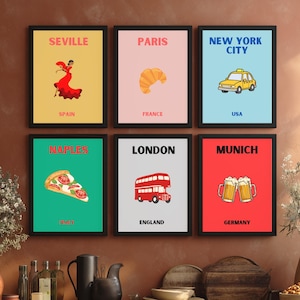 Affiches de voyage style pop art. N'importe quelle destination ; couleurs et icônes personnalisables.