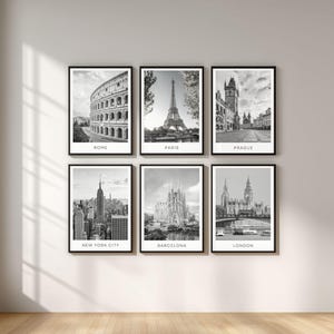 Ensemble de 5 affiches de villes en noir et blanc. TOUTES LES VILLES - Choisissez avec ou sans texte et bordure blanche.