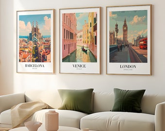 Retro style travel posters. A choice of 84 locations listed in the product description.