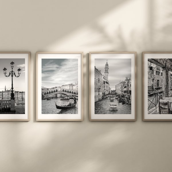 Set of 4 Venice prints, DIGITAL DOWNLOAD, City prints, Travel posters, Black and white Italy photographs, Bedroom wall art, Home decor, Gift