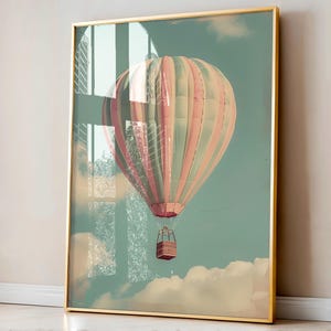 Impresión de globo aerostático, póster de nubes de cielo azul, impresión para dormitorio infantil, póster para dormitorio infantil, arte de pared para guardería, obra de arte colorida para sala de juegos