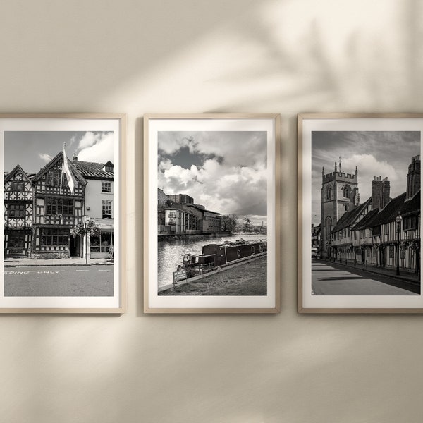 Set of 3 Stratford prints, Warwickshire prints, Black and White photographs, City prints, Travel posters, Home decor, Shakespeare, UK art