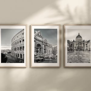 Set di 3 stampe di Roma, Stampe di città, Fotografie di viaggio in bianco e nero, Poster di viaggio, Stampe dell'Italia, Arte murale, Stampa del Colosseo Fontana di Trevi