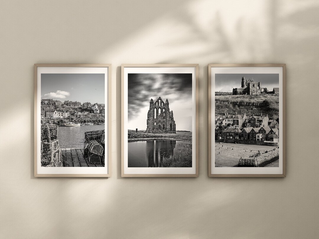 Set of 3 Whitby Prints, Yorkshire Prints, City Prints, Black and White Photographs, Travel