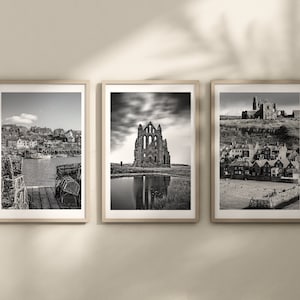 Set of 3 Whitby prints, Yorkshire prints, City prints, Black and white photographs, Travel posters, Whitby Abbey, Travel prints, Coastal art