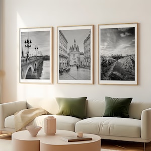 Set van 3 Bordeaux-afdrukken, stadsafdrukken, zwart-witfoto's Frankrijk, woondecoratie, reisafdruk, cadeau, kunst aan de muur, afbeelding Franse wijngaard