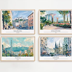 Landscape watercolour city prints, 51 LOCATIONS AVAILABLE, Travel posters, World city skylines collection, Landmarks and cityscapes
