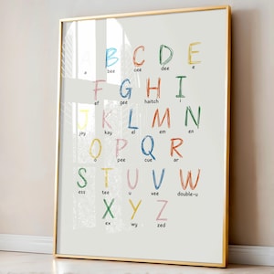 Póster del alfabeto, impresión de letras, impresión educativa para dormitorio infantil, póster para dormitorio infantil, arte mural para guardería, arte de sala de juegos de género neutro