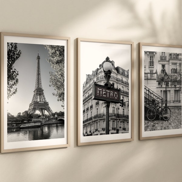 Set of 3 Paris prints, City prints, France black and white photographs, Travel posters, Home decor, Gift for her, Eiffel Tower, Paris cafe