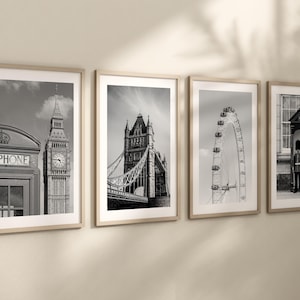 Set of 4 London landmarks posters, London black and white city prints, Bedroom posters, Home Decor, Tower Bridge, Big Ben, London Eye art