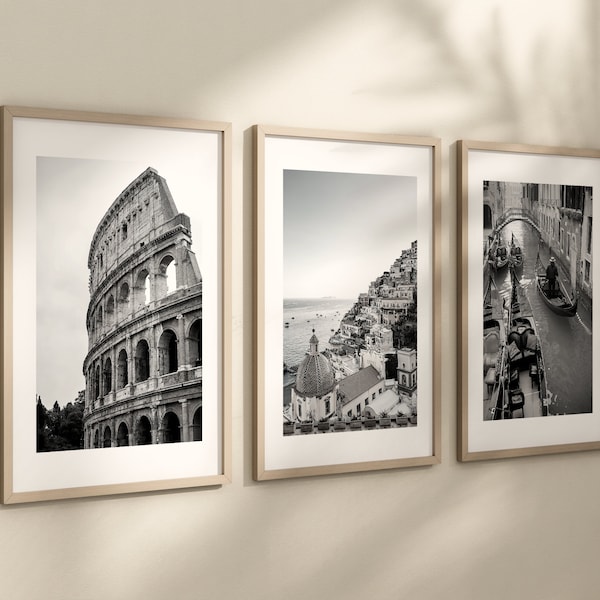 Set of 3 Italy prints, DIGITAL DOWNLOAD, Black and white travel photographs, City prints, Printable wall art, Rome poster, Amalfi, Venice