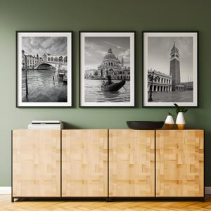 Set of 3 Venice city prints, Italy travel posters, Black and white photographs, St Mark&#39;s Square, Rialto Bridge, canals and gondolas, Gift