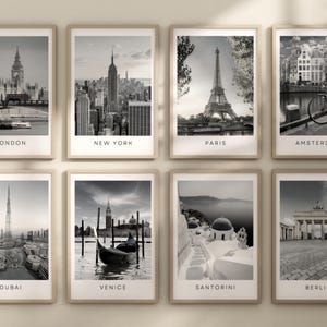 Juego de 4 impresiones de ciudades, CUALQUIER UBICACIÓN, fotografías de viajes en blanco y negro, carteles de viajes monocromáticos, arte mural personalizado, carteles de lugares emblemáticos