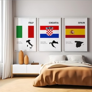 May include: Three white framed prints featuring the flags of Italy, Croatia, and Spain. Each print includes the country's name, capital city, population, and native language. The prints are displayed on a white wall above a brown bed with a white headboard.