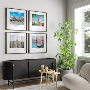 Juego de 4 carteles de viaje cuadrados, CUALQUIER LUGAR, Impresiones de ciudades en color, Monumentos mundiales, Destinos de vacaciones, Fotografías de paisajes urbanos y horizontes