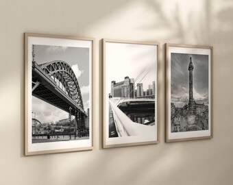 Set of 3 Newcastle prints, Gateshead prints, Black and white city prints, Travel photographs, Home decor, Wall art, Tyne Bridge, Landmarks