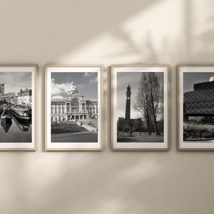 Set di 4 stampe di Birmingham, stampe della città, fotografie in bianco e nero, stampe di viaggio, poster di viaggio, decorazioni per la casa, arte murale, canali di Birmingham