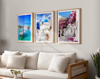 Set of 3 Greece prints, Greek island prints, City prints, Colour travel photographs, Travel posters, Kefalonia, Santorini, Kos wall art