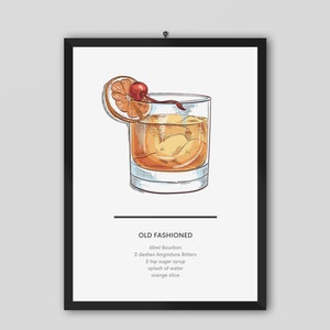 Old Fashioned classic cocktail print Bar poster Drinks print Kitche wall Art Gift for him Mixology Cocktail recipe