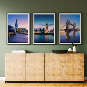 Set of 3 London prints, DIGITAL DOWNLOAD, London at sunset, UK city prints, London skyline posters, Travel poster set, Bedroom wall art