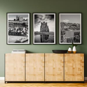 Set of 3 Whitby prints, DIGITAL DOWNLOAD, Yorkshire coastal prints, Black & white photographs, Travel posters, Whitby Abbey and harbour art