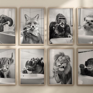 Impresiones de animales cepillándose los dientes, carteles divertidos para el baño, fotografías en blanco y negro, impresiones para la bañera, decoración del hogar, arte de pared, regalo, arte neutro