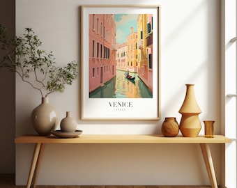 May include: A vintage travel poster featuring a colorful illustration of a canal in Venice, Italy. The poster has the text "Venice, Italy" at the bottom.
