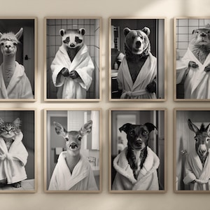 Impresiones de animales en batas de baño, carteles divertidos para el baño, fotografías en blanco y negro, impresiones para la bañera, decoración del hogar, arte de pared, regalo, arte neutro