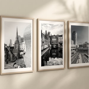 Conjunto de 3 gravuras de Birmingham, gravuras da cidade, fotografias em preto e branco, pôsteres de viagem, praça de touros, Gas Street, Grand Central, pontos de referência, arte do Reino Unido