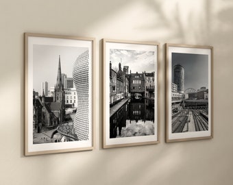 Set of 3 Birmingham prints, City prints, Black and white photographs, Travel posters, Bullring, Gas Street, Grand Central, Landmarks, UK art