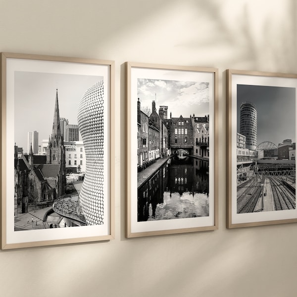 Set of 3 Birmingham prints, City prints, Black and white photographs, Travel posters, Bullring, Gas Street, Grand Central, Landmarks, UK art