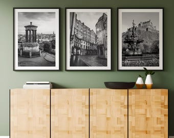 Set of 3 Edinburgh prints, DIGITAL DOWNLOAD, Scotland posters, City print Black & White travel photographs, Home decor, Printable wall art