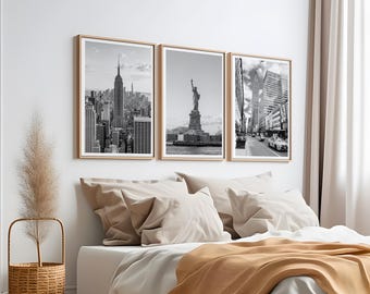 Set of 3 New York City prints, DIGITAL DOWNLOAD, Travel posters, Black and White photographs, Neutral home decor, Printable art, Skyline art
