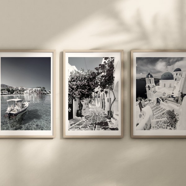 Set of 3 Greece prints, DIGITAL DOWNLOAD, Greek island images, Location prints, Black & White photographs, Travel posters, Santorini, Kos