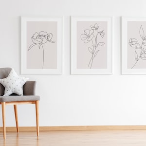 Conjunto de 3 artes de parede neutras, pôsteres de desenho em rosa claro, decoração para casa, estampas florais para quarto, arte monocromática contemporânea, decoração de parede bege
